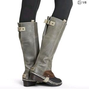 Sorel Slimpack Riding Tall II Boots Leather Shale Gray Brown Womens Size 6.5